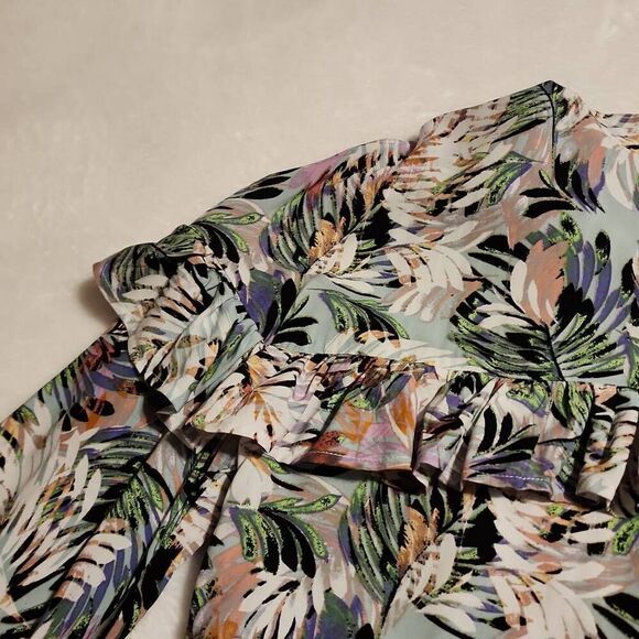 Aimae Tropical Print Ruffled Yoke Button Front Western Flair Long Sleeve Size Me - Picture 12 of 14